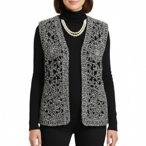 Chico’s Woven Basket Silk Black and White Snake Eyes Open Cut-Out Vest Size L